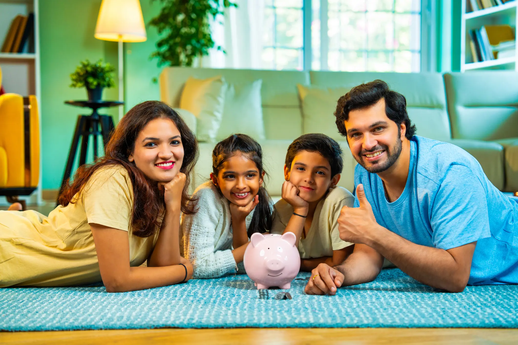 Indian Happy Family of Four in a Modern Living Room Promoting Saving Together, Father Lying on the Floor with Wife and Kids Pointing Toward a Piggy Bank and Smiling
