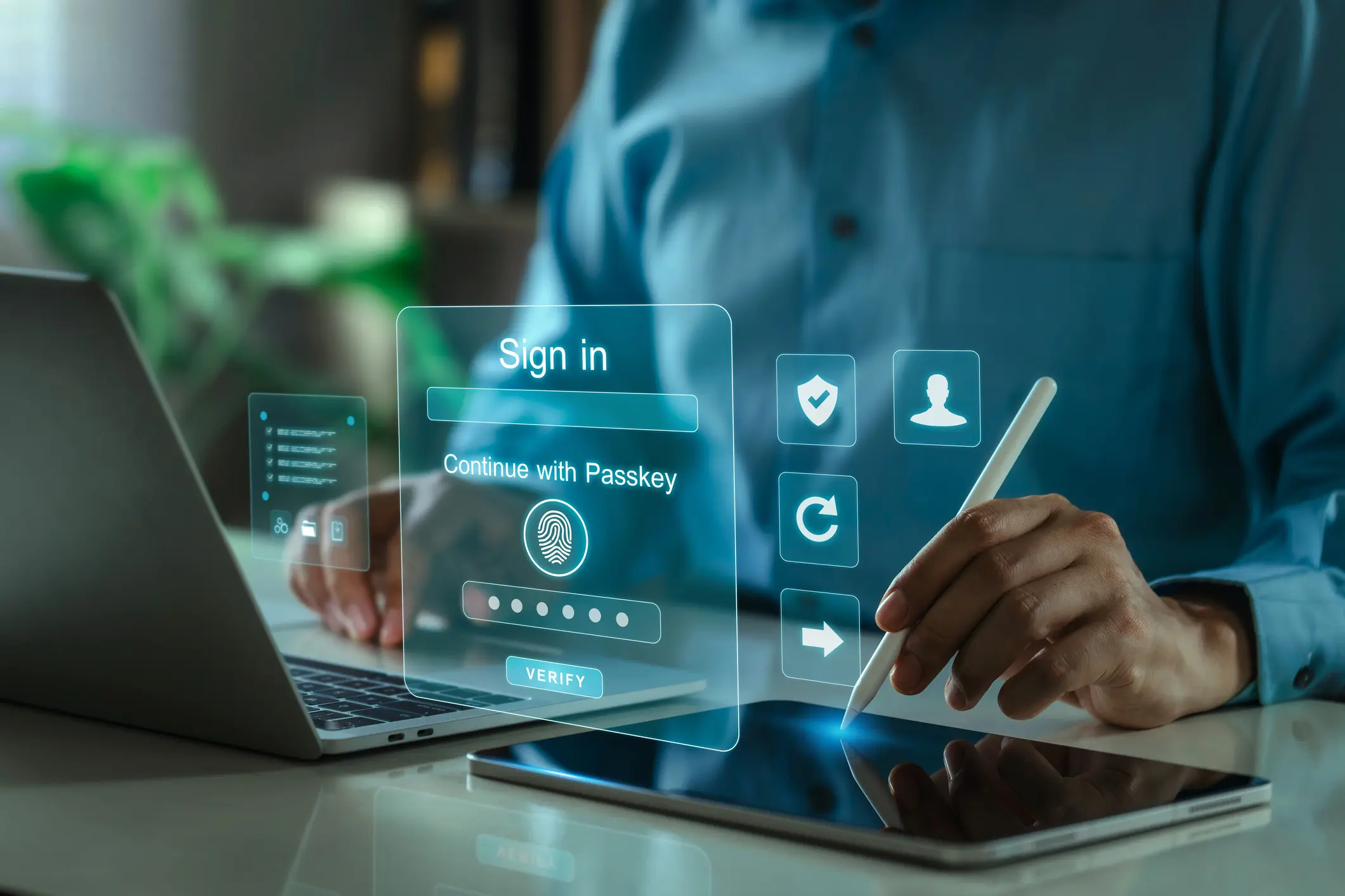 Passwordless login with passkeys and biometric fingerprint authentication on tablet and laptop, illustrating cybersecurity, MFA, and identity protection. Ideal for Cybersecurity Awareness Month.