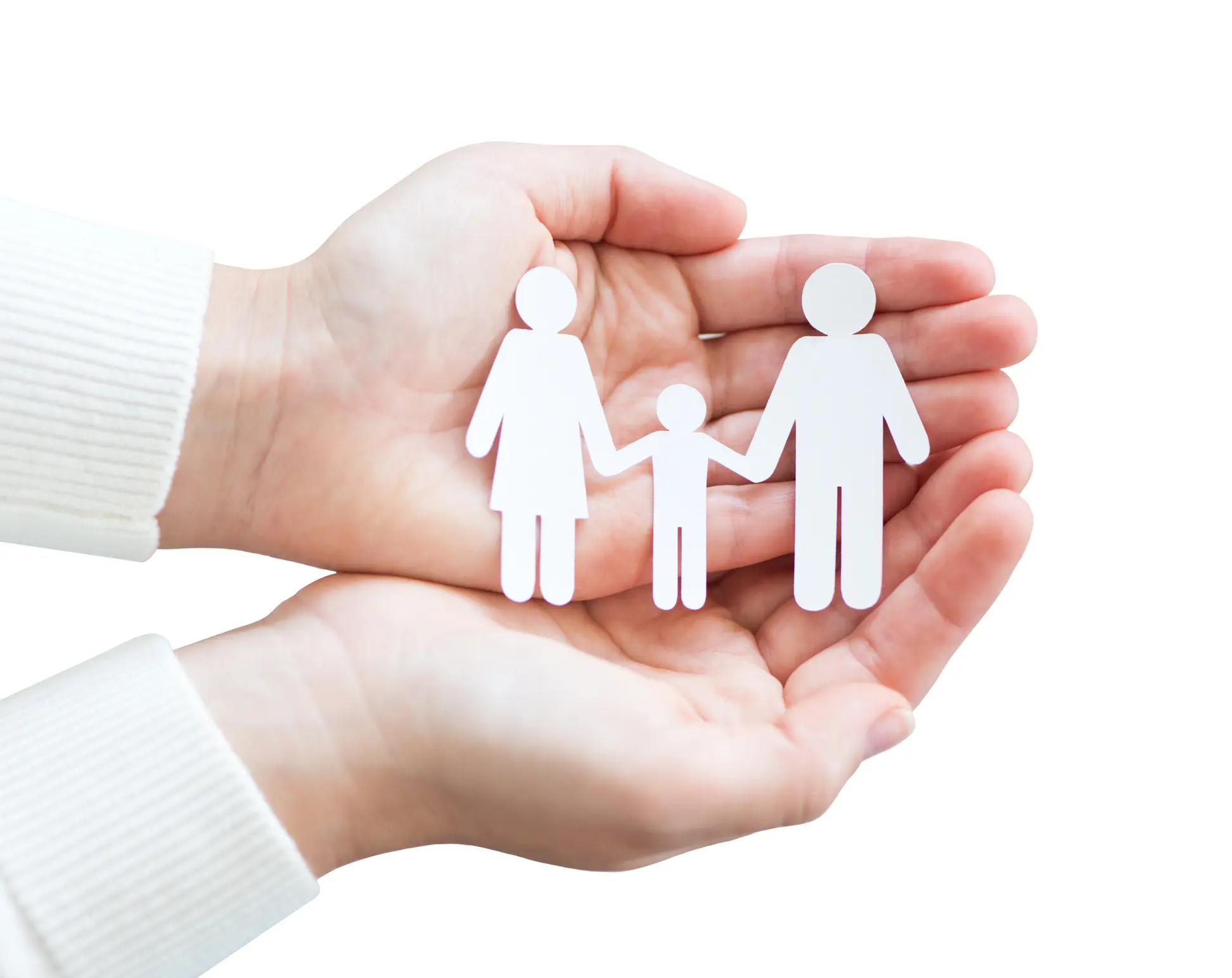 Paper cut family in hands isolated on white background